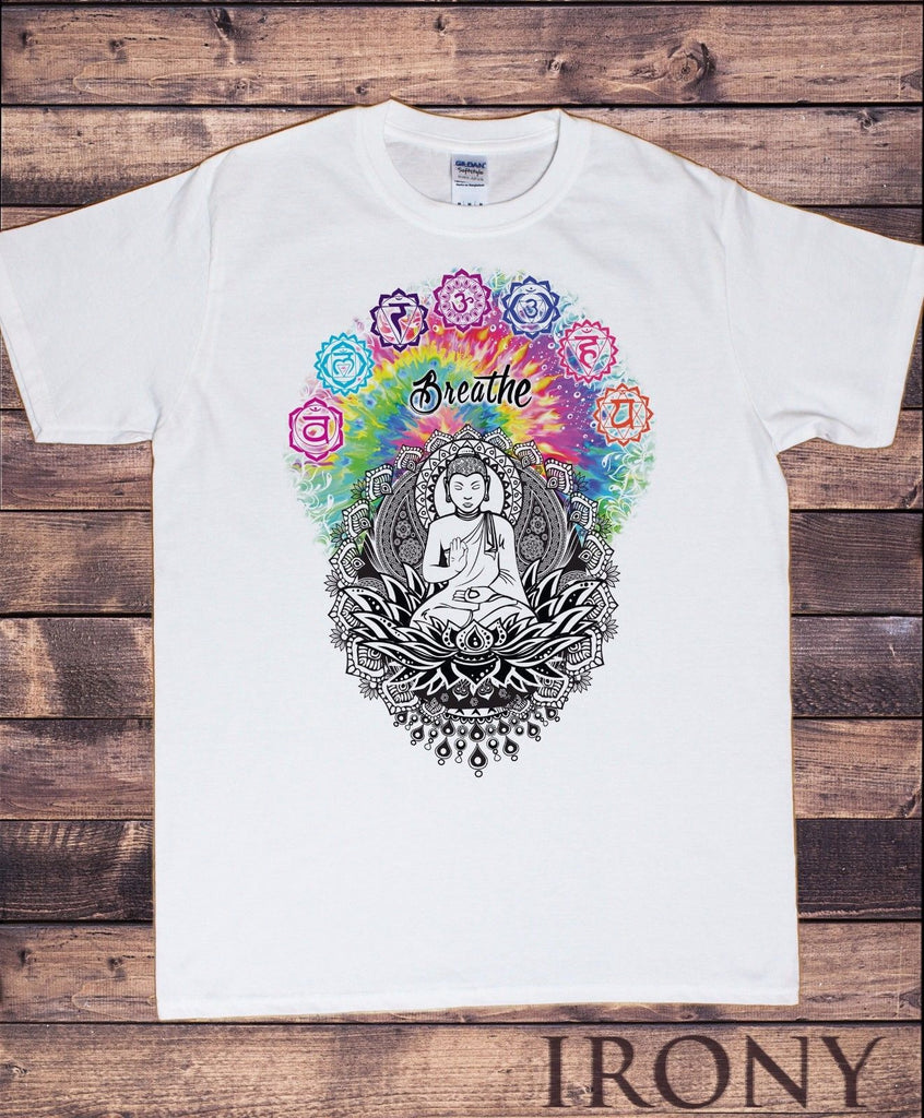 Irony T-shirt Mens White T-Shirt Breathe Buddha Chakra Symbols Colourful Design TS294