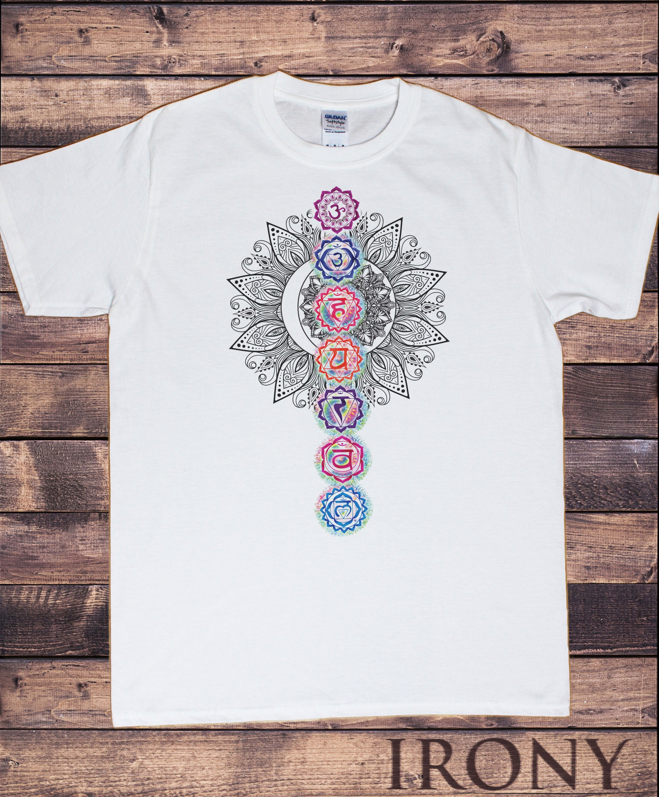 raket mode system Mens White T-Shirt Buddha Coloured Chakra Symbols Colourful Glow symbols  Design TS767