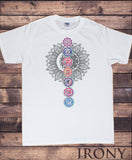 Irony T-shirt Mens White T-Shirt Buddha Coloured Chakra Symbols Colourful Glow symbols Design TS767
