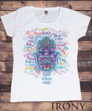 Irony T-shirt S / White Women’s Positive Slogans All Over- Hamsa Hand Fatima Om India zen Print TS889