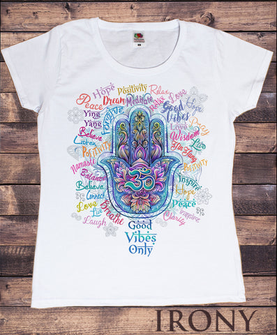 Irony T-shirt S / White Women’s Positive Slogans All Over- Hamsa Hand Fatima Om India zen Print TS889