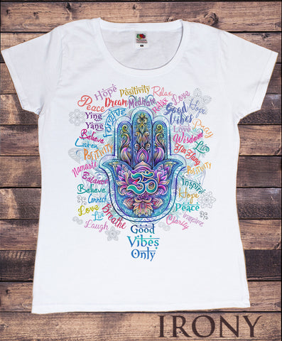 Irony T-shirt S / White Women’s Positive Slogans All Over- Hamsa Hand Fatima Om India zen Print TS889