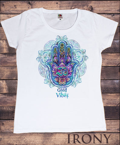 Irony T-shirt S / White Women’s Top "Good Vibes" Om India zen Positive Slogan Hamsa Hand Of Fatima Print TS788