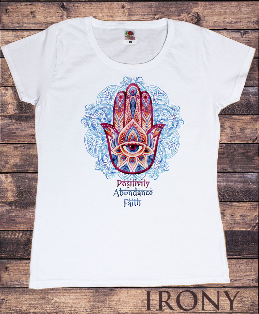 Irony T-shirt S / White Women’s Top "Positivity, Abundance, Faith" Hamsa Hand Of Fatima Aztec Pattern TS787