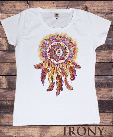 Irony T-shirt S / White Women’s White T-Shirt Dream Catcher Tribal Red Indian Native American Feathers Effect TS878