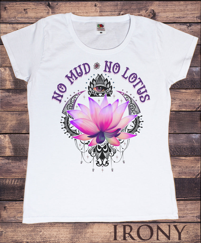 Irony T-shirt S / White Women’s White T-Shirt "No Mud, No Lotus" Yoga Flowery Lotus Eye Print TS906