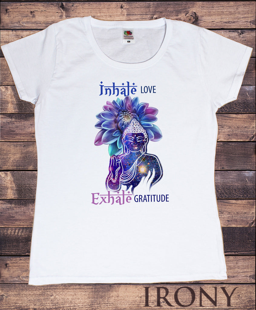 Irony T-shirt S Women's White T-Shirt Buddha "Inhale Love, Exhale Gratitude" Space Buddha Print TS784
