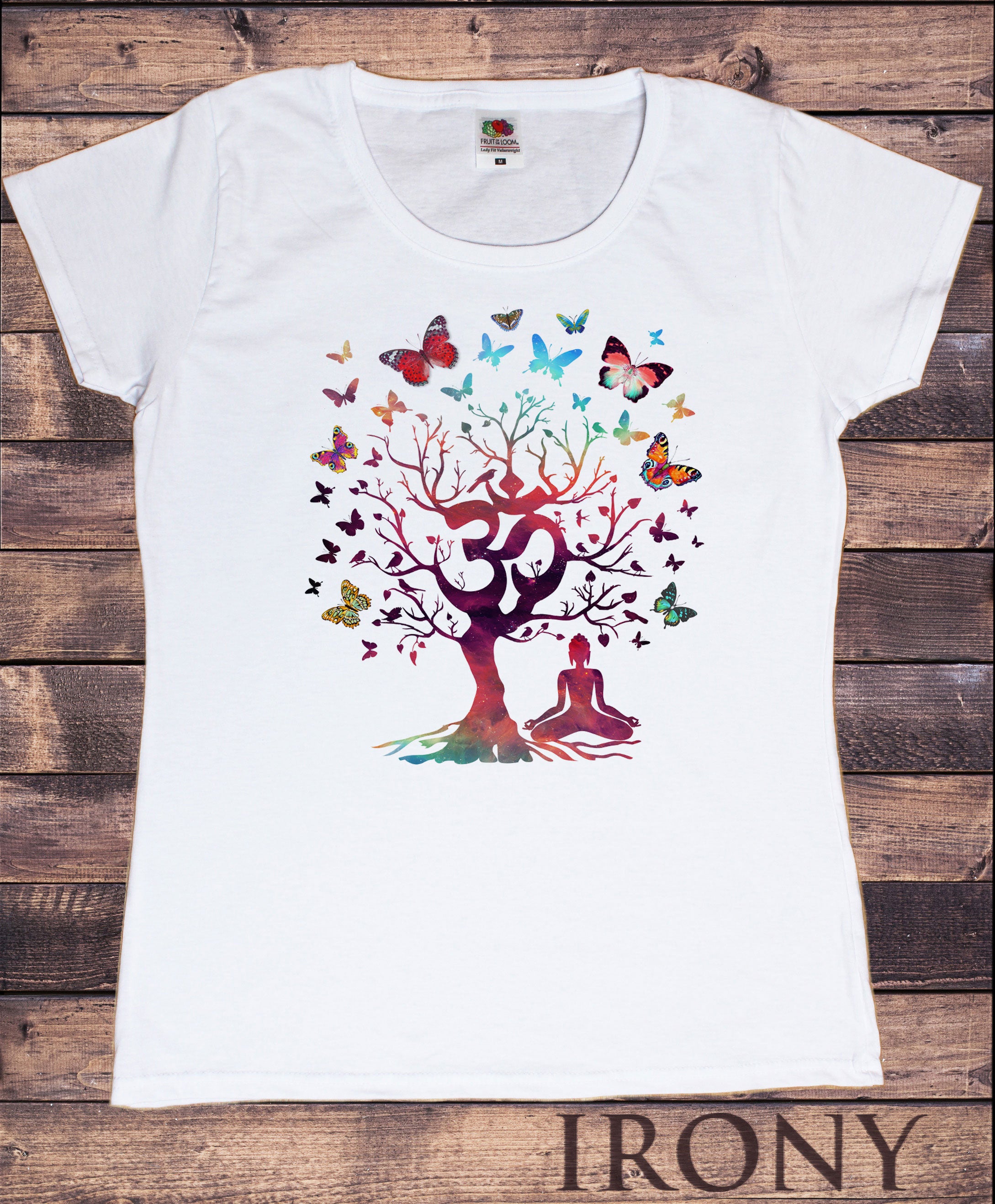 Women's White T-Shirt Yoga Meditation India zen OM Tree Beautiful  Butterflies Print TS856