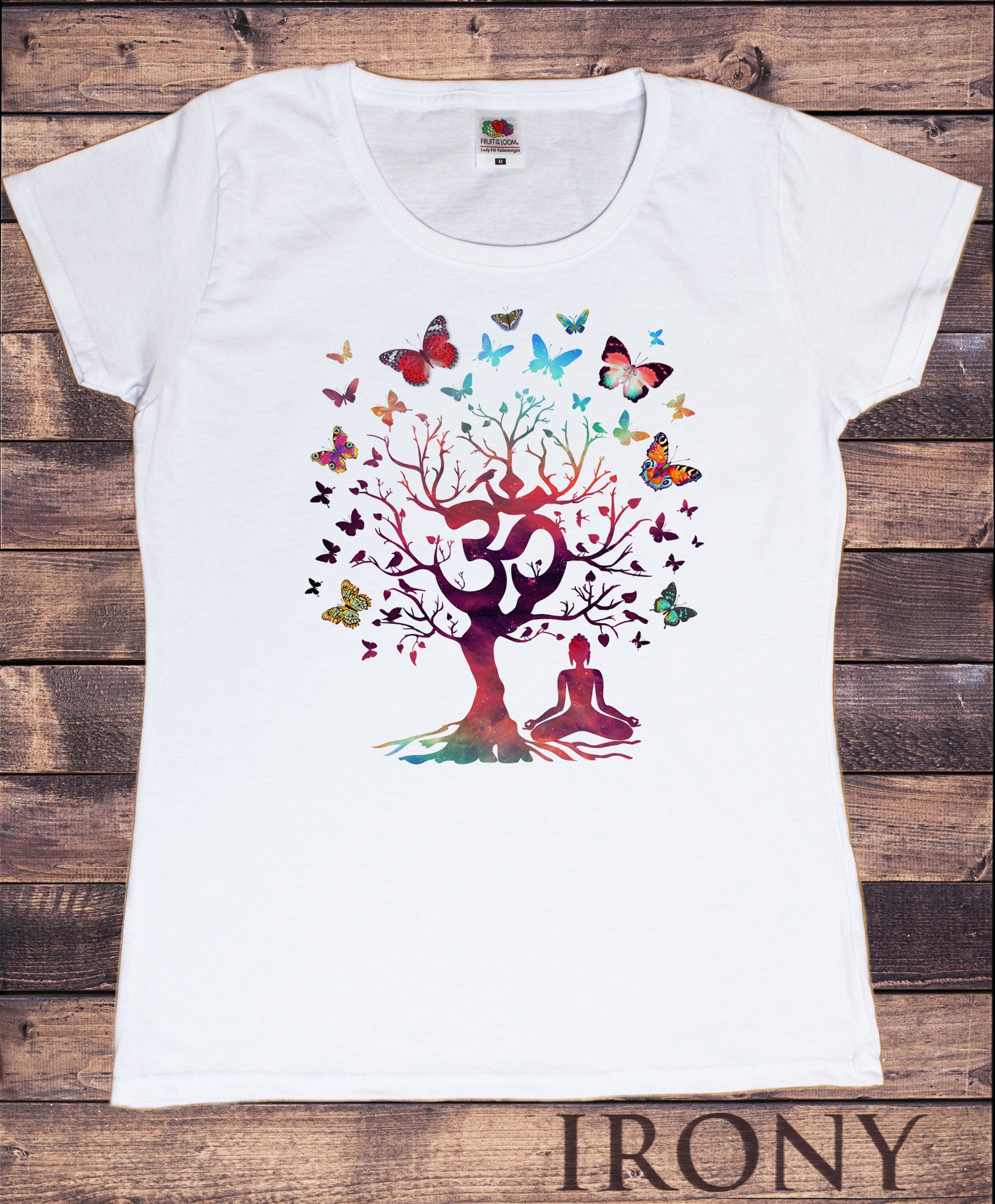 Women's White T-Shirt Yoga Meditation India zen OM Tree Beautiful