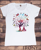 Irony T-shirt S Womens White T-Shirt Yoga Meditation India zen OM Tree Beautiful Butterflies Print TS856