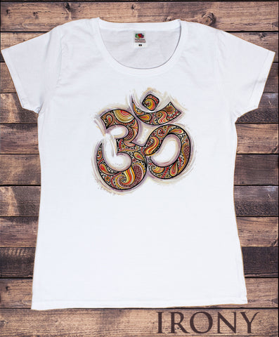 Irony T-shirt Small / White / 100% Cotton Women's White T-Shirt Om Aum Yoga aztec flowers India Zen Hobo Boho TS864