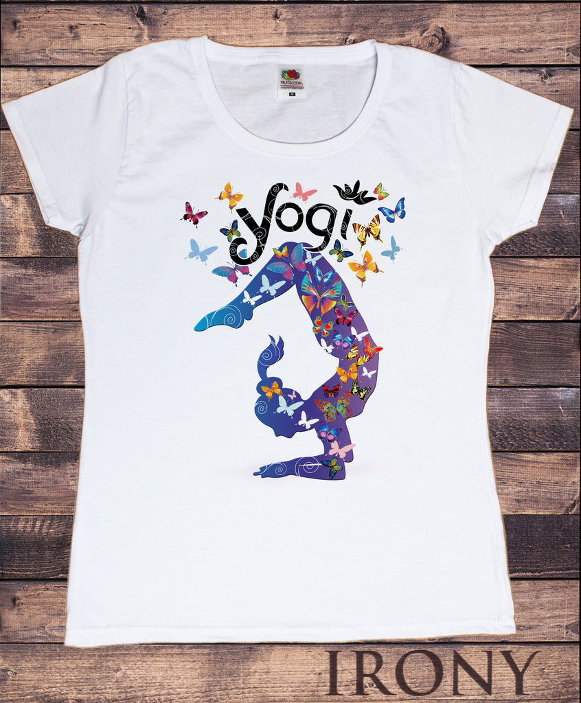 Irony T-shirt Small / White / 100% Cotton Womens White T-Shirt Yoga Meditation Top "Yogi" Beautiful Butterfly Yoga TS793
