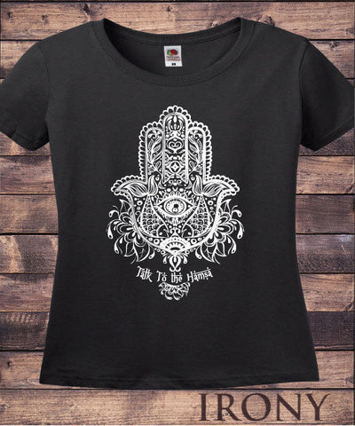 Irony T-shirt Women’s Black T-Shirt Fatima Hamsa Hand Boho Zen Eye Design Print TS312