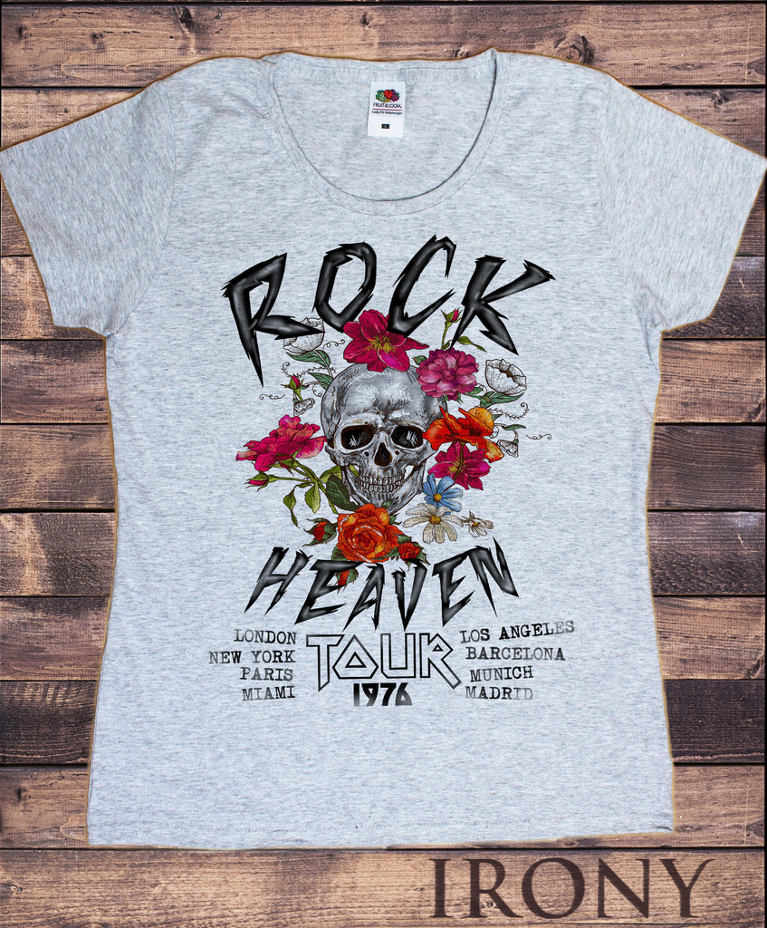 Irony T-shirt Women’s T-Shirt Rock Heaven Tour 1976- Roses, Rock, Skull Print TS397