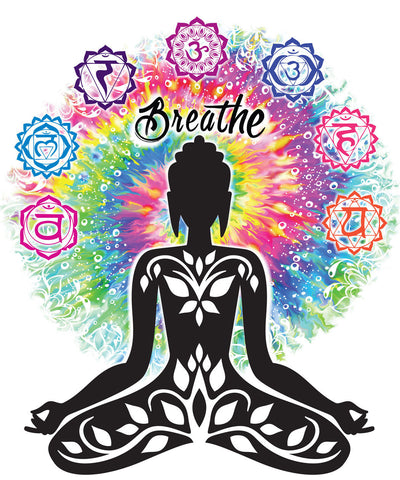 Irony T-shirt Women's Tee "Breathe" Chakra Symbols Yoga- Om Aum Jade Buddha Meditation Tie Die Print TS741