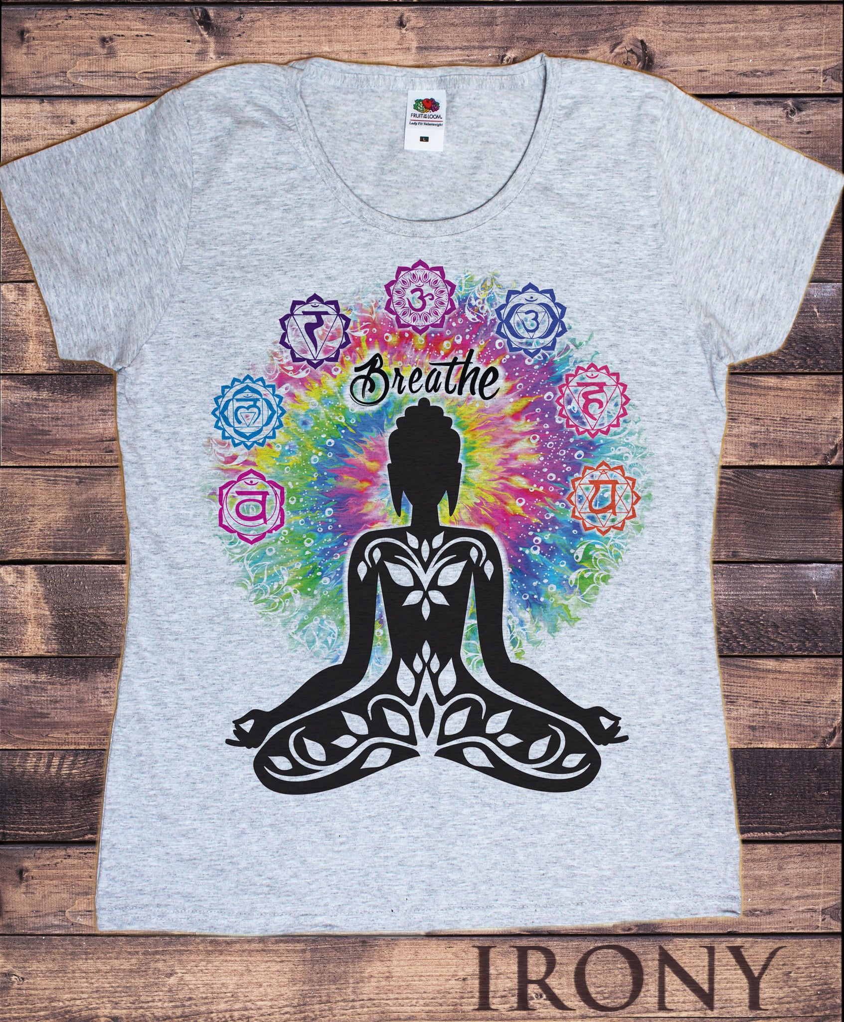 Women's Tee "Breathe" Chakra Symbols Yoga- Om Aum Jade