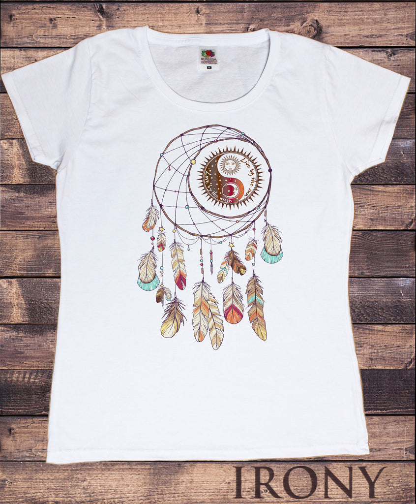 Irony T-shirt Women’s Tee "Live by the sun, Love by the moon" Spiral Red Indian Native American Feathers Culture TS775
