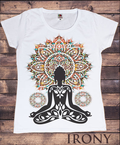 Irony T-shirt Women’s White T-Shirt Aztec Yoga Top Buddha Chakra Meditation Zen Hobo Boho Print TSA20