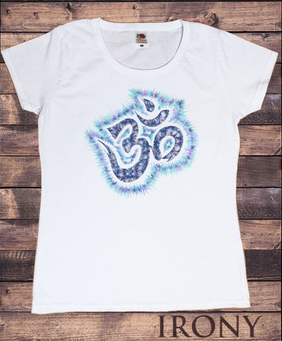 Irony T-shirt Women’s White T-Shirt Blue Om Top Chakra Meditation Hobo Boho Peace Spirit India Om Print TSM10