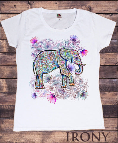 Irony T-shirt Women's  White T-Shirt Boho Hippy Ethnic Indian  Elephant Tribal Colourful Print