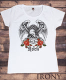 Irony T-shirt Women’s White T-Shirt Born Free To Rock Eagle And Roses Print TS390