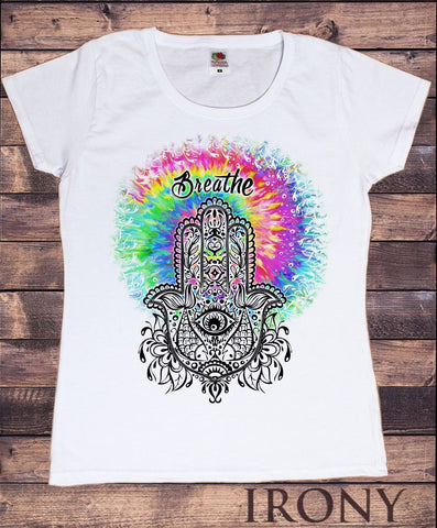 Irony T-shirt Women's White T-Shirt Breathe Hand Design Illuminati Colourful Design TS289