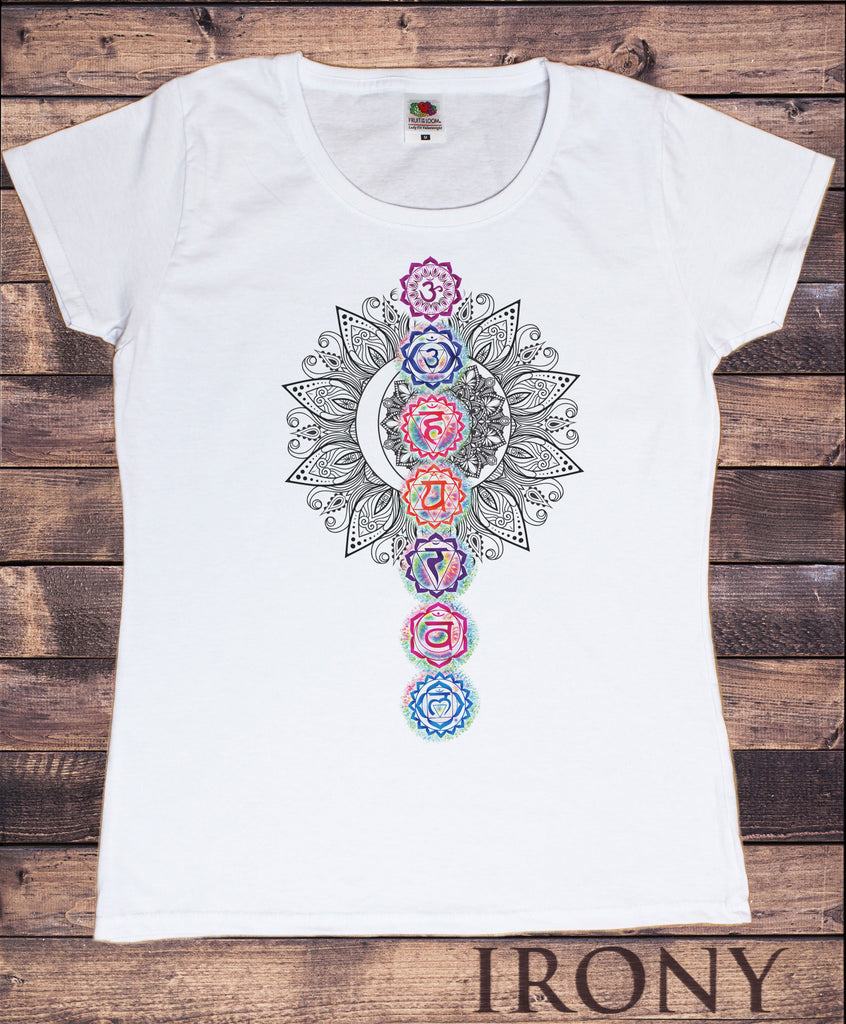 Irony T-shirt Women's White T-Shirt Buddha Coloured Chakra Symbols Colourful Glow symbols Design TS767
