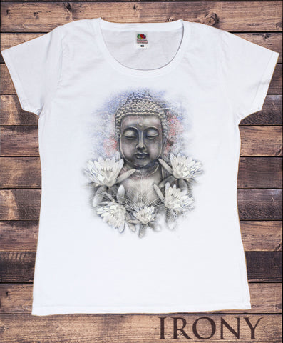 Irony T-shirt Women’s White T-Shirt Buddha Face Flower Om Asum Yoga Chakra Meditation India Zen Print TSA17