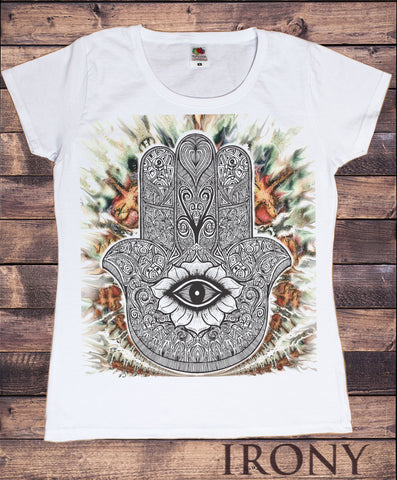 Irony T-shirt Women’s White T-Shirt Chakra Meditation Hobo Boho Peace Hamsa Hand Print TSC5