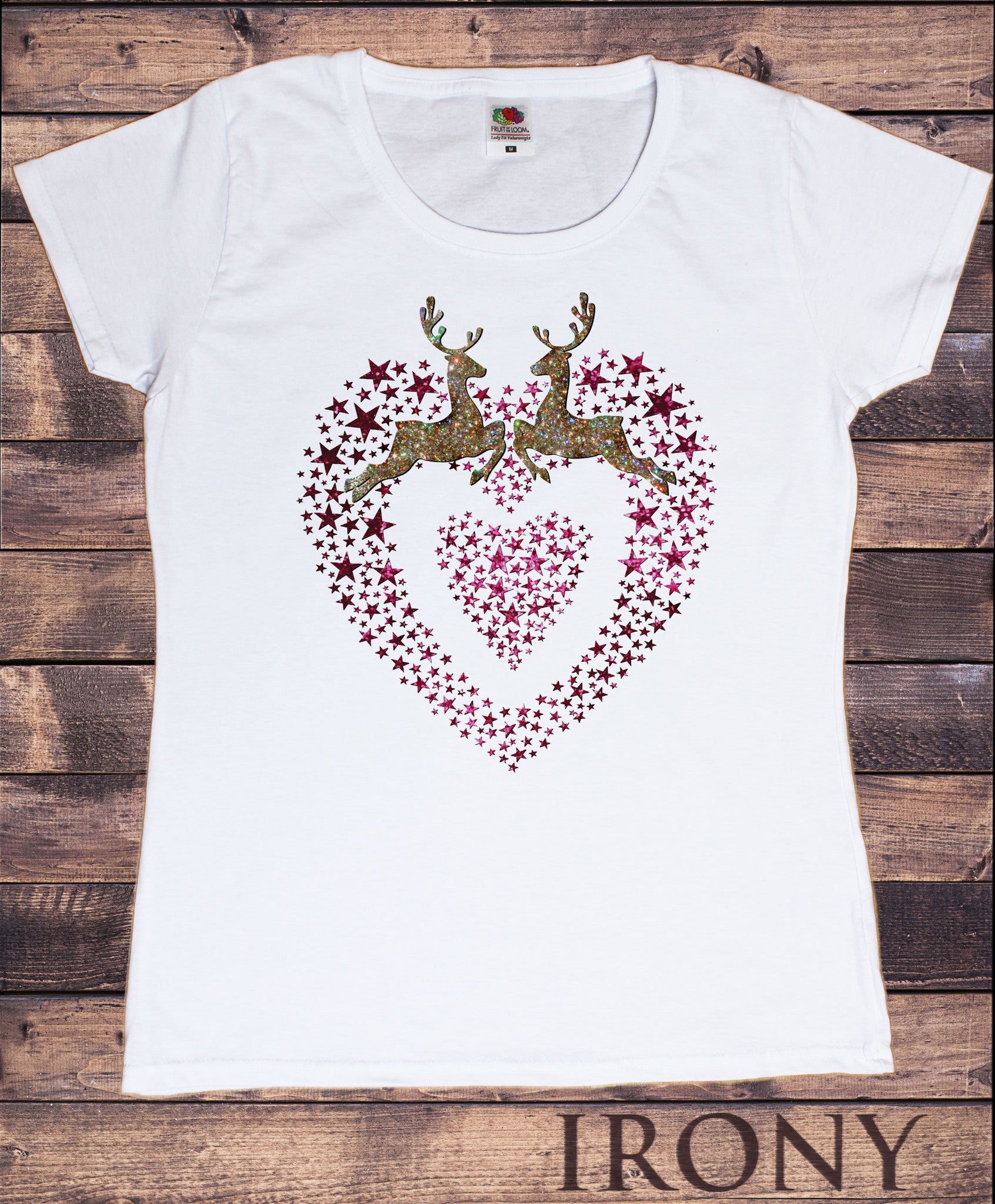 Glitter Reindeer TSXmas5 Women\'s Print Christmas T-Shirt Heart Novelty Stars White Effect