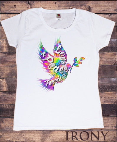 Irony T-shirt Women’s White T-Shirt Colourful Bird- Love And Peace-Freedom- Animal Print TS361