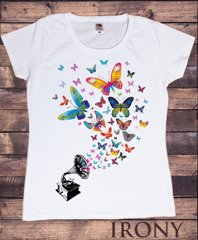 Irony T-shirt Women’s White T-Shirt Colourful Butterfly Design-Gramophone Retro Print TS324