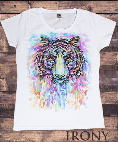 Irony T-shirt Women's White T-Shirt Colourful Tiger Explosion- Beautiful Colour mix tiger Print TS747
