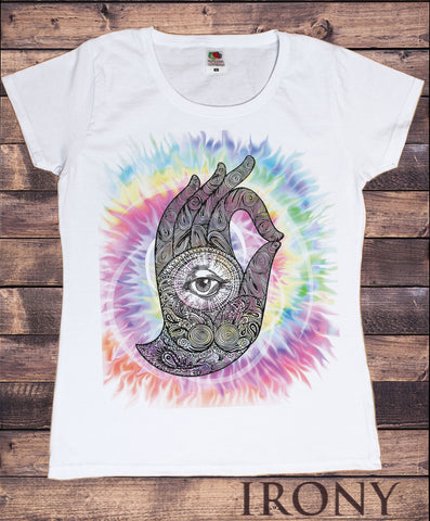 Irony T-shirt Women's White T-Shirt Dye Chakra Meditation Hobo Boho Peace Hamsa Hand Of Fatima Eye Palm TSL7L