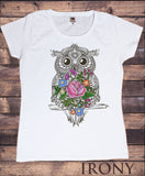 Irony T-shirt Women’s White T-Shirt Embroidery Effect Owl Geometric Icon Flowers effect Owl Zen Print TS755