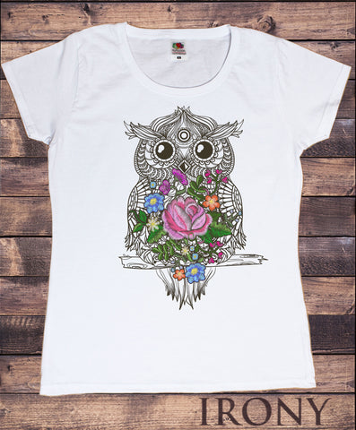 Irony T-shirt Women’s White T-Shirt Embroidery Effect Owl Geometric Icon Flowers effect Owl Zen Print TS755