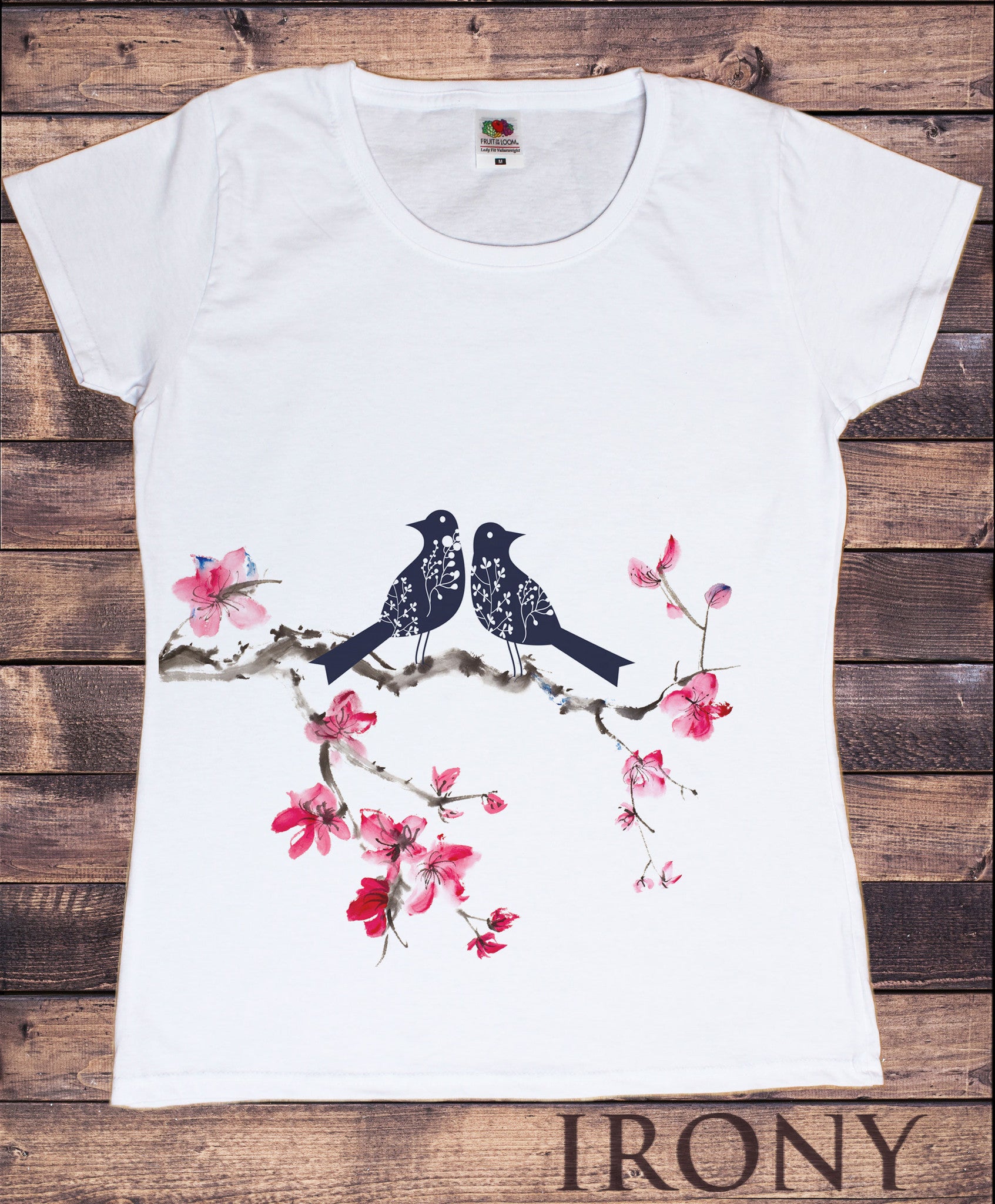 Women’s White T-Shirt Japanese Colourful Bird Animal Print Flowers TSO4
