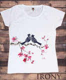 Irony T-shirt Women’s White T-Shirt Japanese Colourful Bird Print Animal Print T-Shirt Flowers Short Sleeve Print TSO4