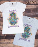 Irony T-shirt Women’s White T-Shirt Karma Chameleon Lizard Peace Hamsa Hand Of Fatima Palm Tie Dye Print TS704