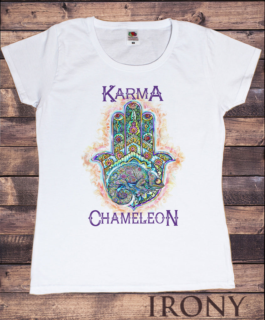 Irony T-shirt Women’s White T-Shirt Karma Chameleon Lizard Peace Hamsa Hand Of Fatima Palm Tie Dye Print TS704