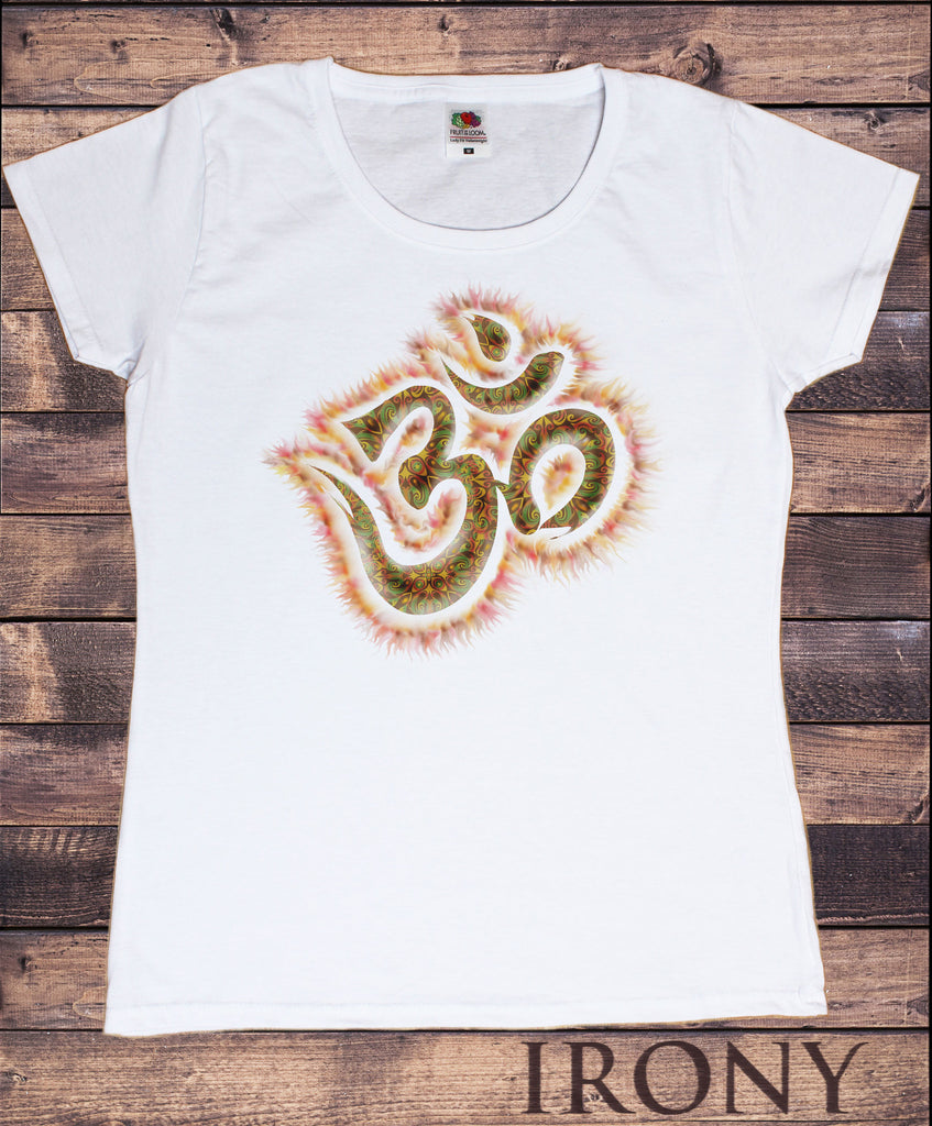 Irony T-shirt Women’s White T-Shirt Orange Om Top Chakra Meditation Hobo Boho Peace Spirit India Om Print TSP8