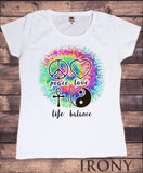 Irony T-shirt Women's White T-Shirt Peace, Love, Life, Balance Colourful Design TS280