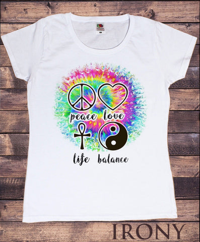 Irony T-shirt Women's White T-Shirt Peace, Love, Life, Balance Colourful Design TS280