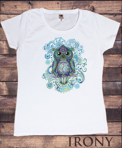 Irony T-shirt Women’s White Tee Colourful Owl Abstract Icon- Flowery Tie Dye Print TS843