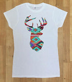 Irony T-shirt Women White T-shirt  Aztec Graphical Reindeer Distressed  Print