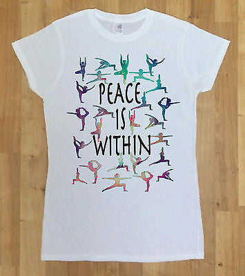 Irony T-shirt Women White T-shirt 'Peace is Within' colourful yogo Meditation