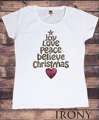Irony T-shirt Women White T-shirt Xmas Joy Love Peace Tree Effect Print Christmas Festive