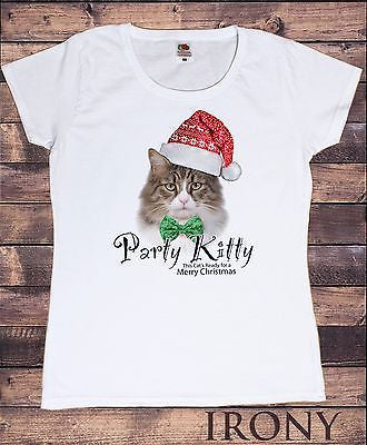 Irony T-shirt Women White T-shirt Xmas Party Kitty Novelty Christmas Festive