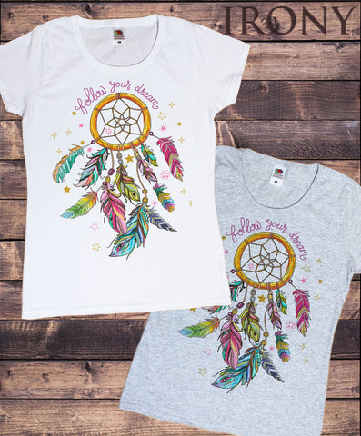 Irony T-shirt Womens Tee "Follow Your Dreams" feathers Design-Stars Print TS640