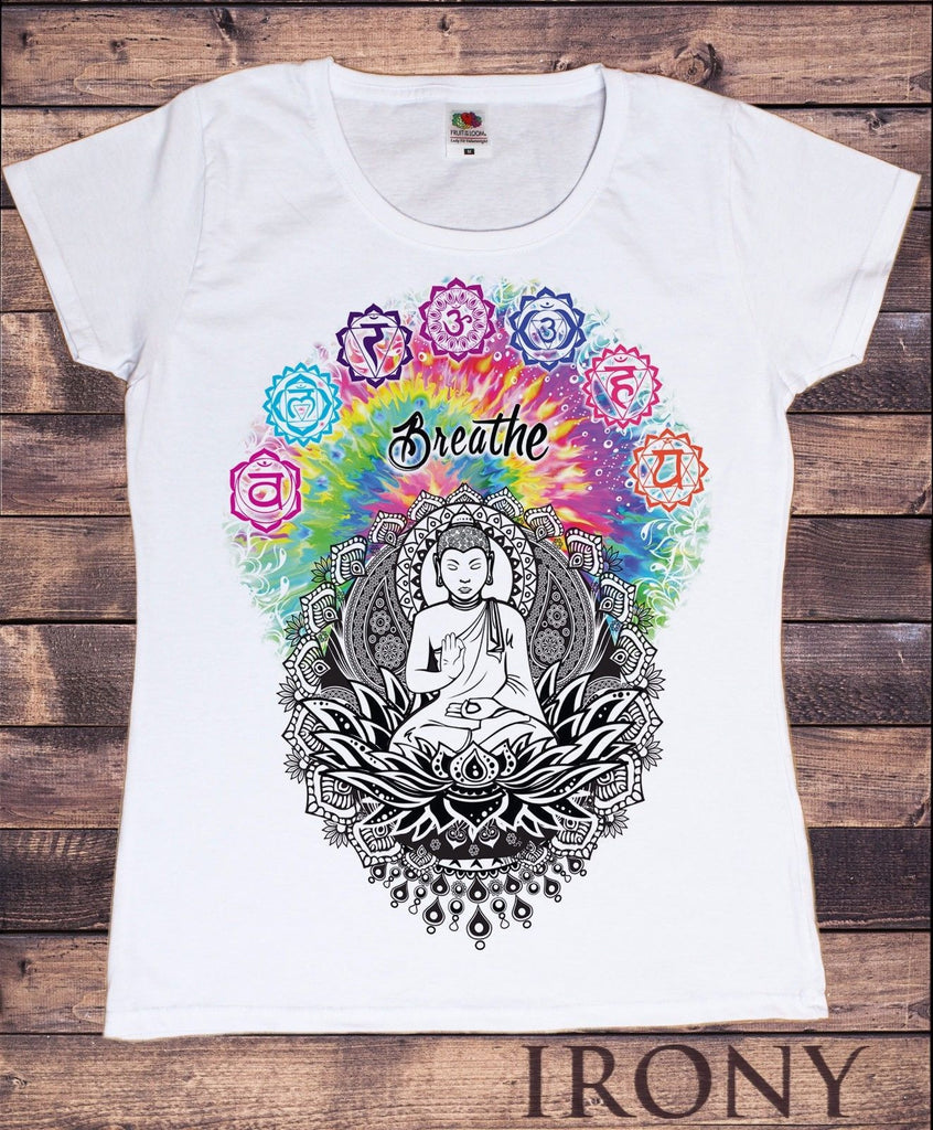 Irony T-shirt Womens White T-Shirt Breathe Buddha Chakra Symbols Colourful Design TS294
